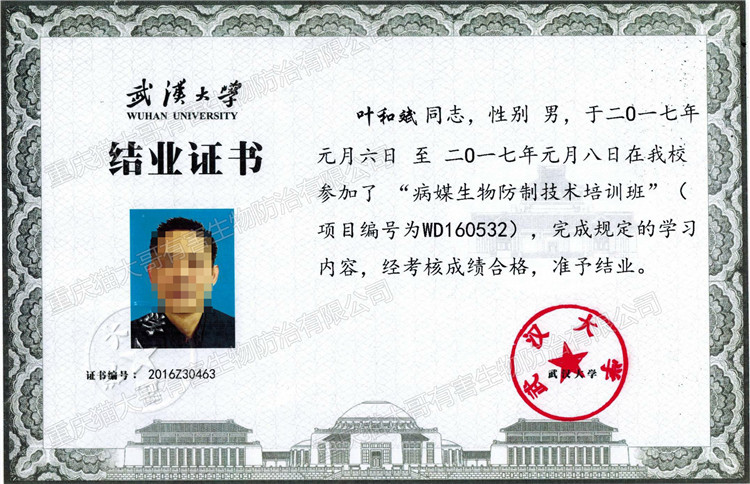 2017年1月8日武漢大學結(jié)業(yè)證書